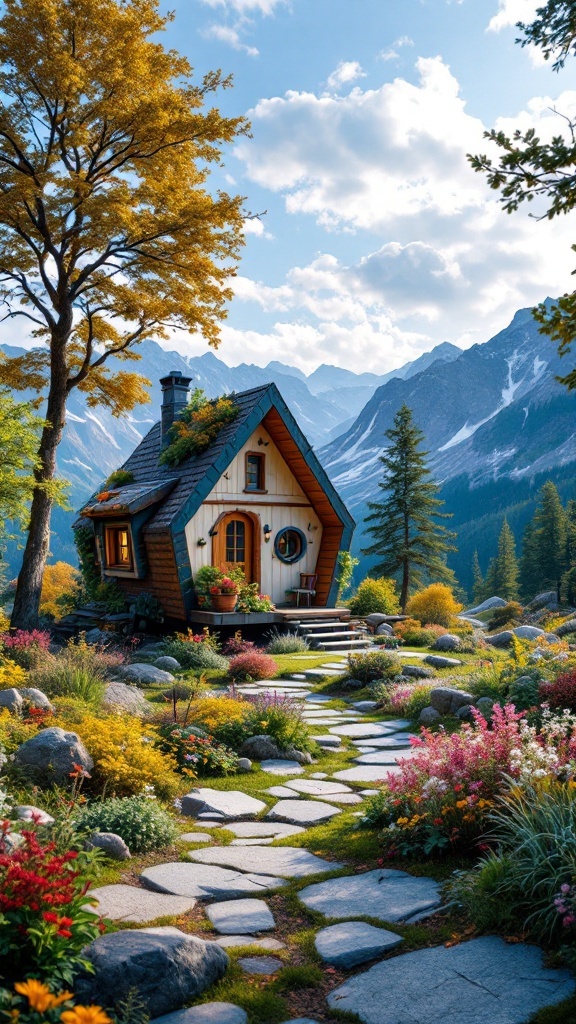 A charming tiny house surrounded by colorful flowers and mountains in the background.