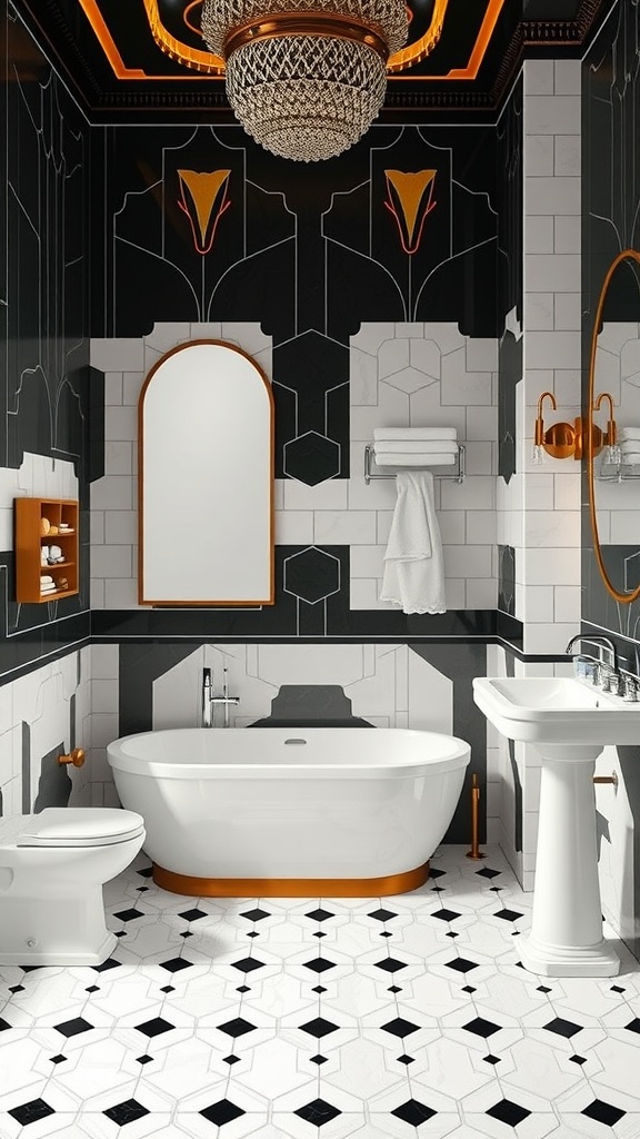 A luxurious Art Deco inspired bathroom featuring black and white geometric tiles, a freestanding tub, and a stylish chandelier.