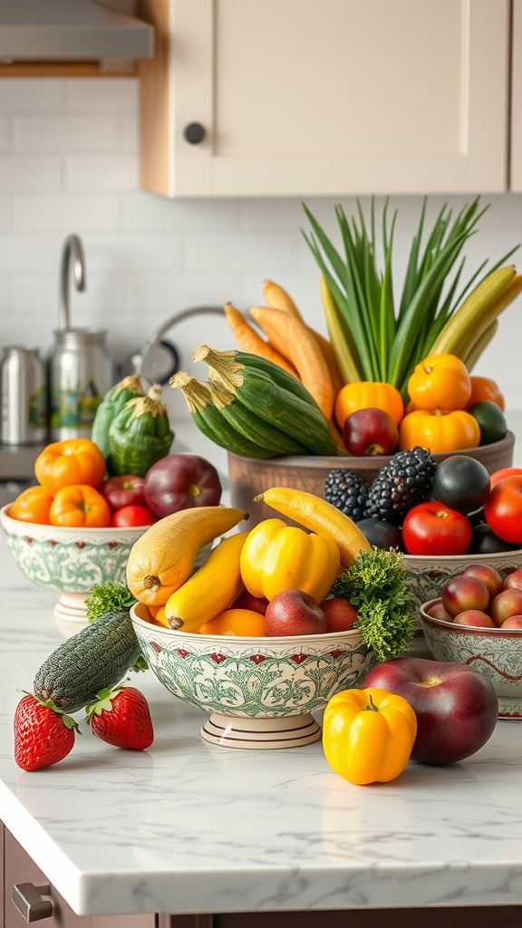 A vibrant display of fresh fruits and vegetables arranged in decorative bowls on a kitchen countertop.