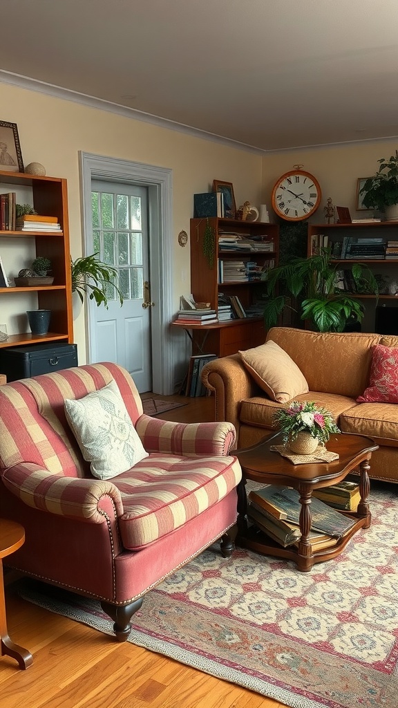 A cozy living room featuring worn furniture, bookshelves, plants, and soft lighting.