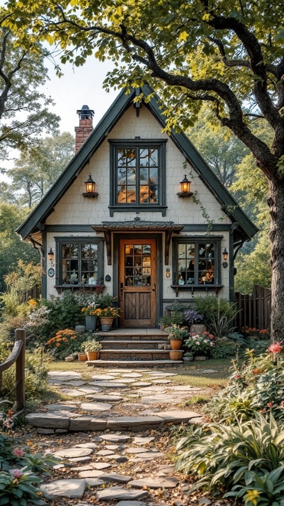 Charming modern cottage with flower garden and stone pathway