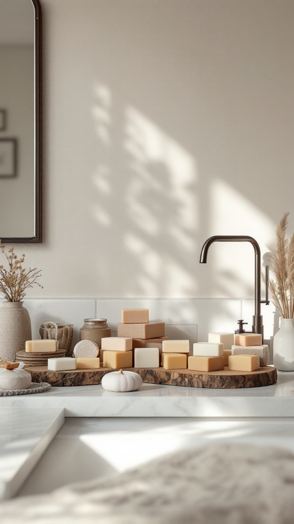 A display of artisanal soaps in a farmhouse bathroom setting