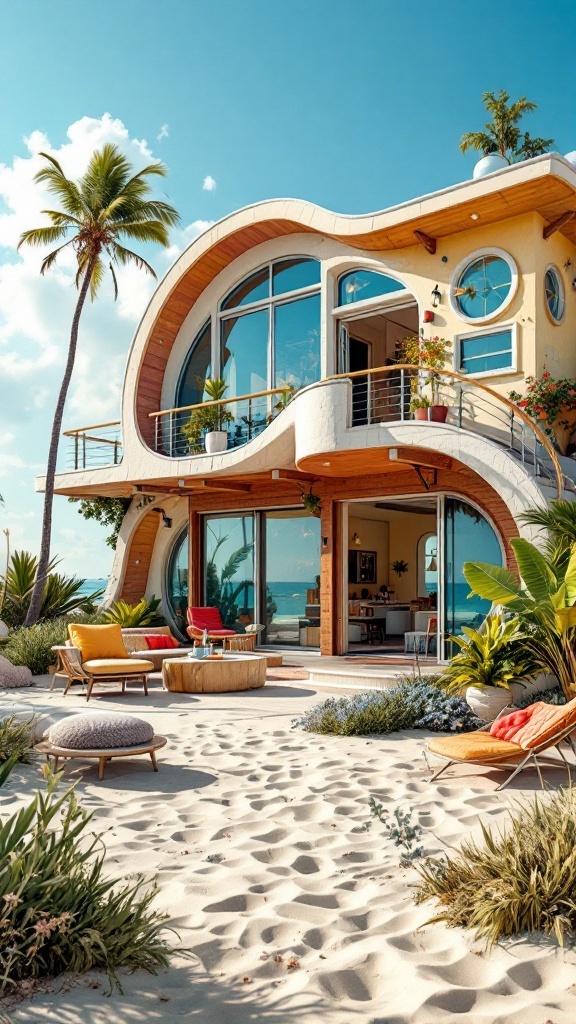 Artistic beach house with flowing design and large windows overlooking the beach.