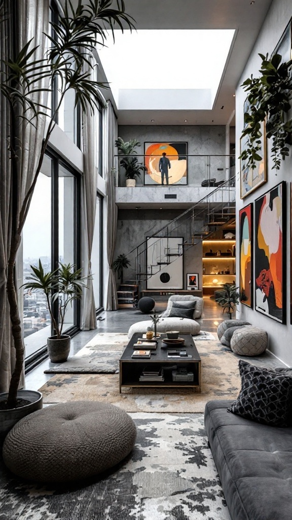 A modern, airy penthouse living room with large windows, colorful artwork, and stylish furnishings.