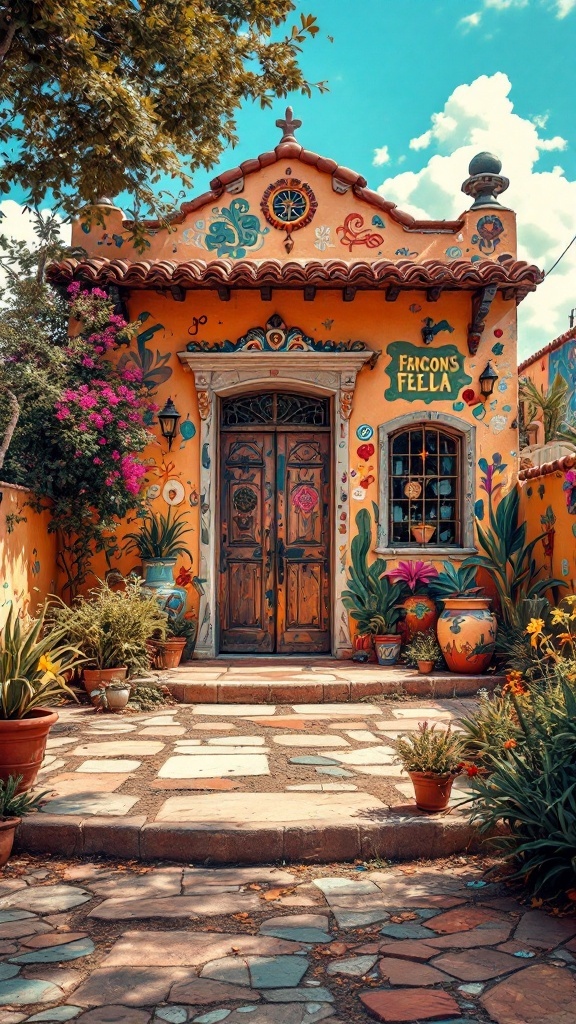 A vibrant Spanish house with intricate murals and a welcoming entrance.