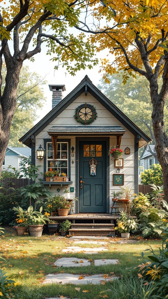 A cozy tiny house with artistic decorations and vibrant plants in the front yard.