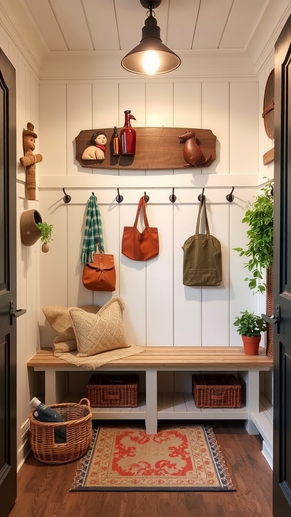 A cozy entryway featuring local crafts, including wooden wall art, bags, and decorative baskets.