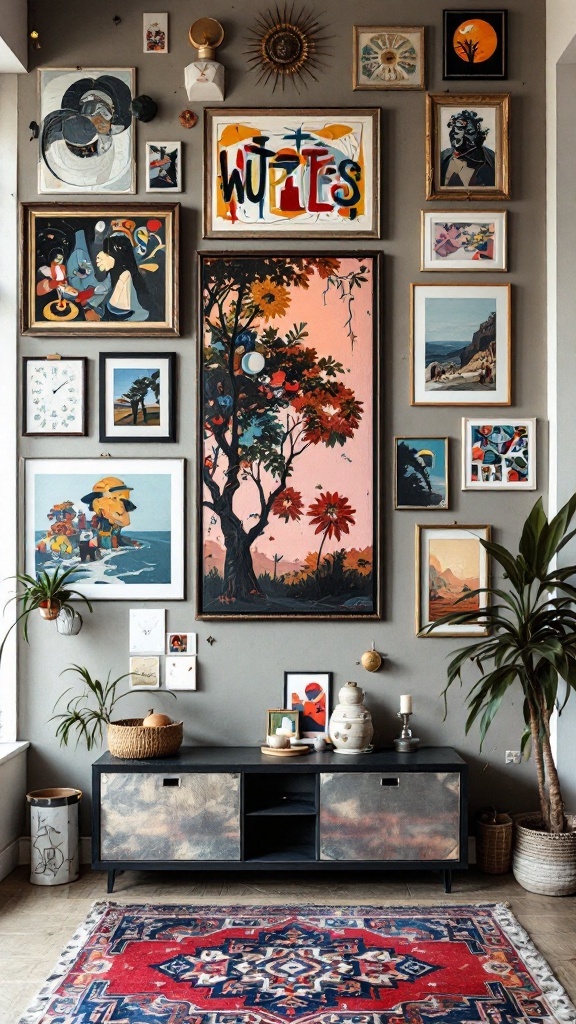 A cozy penthouse apartment wall decorated with various framed artworks and plants.