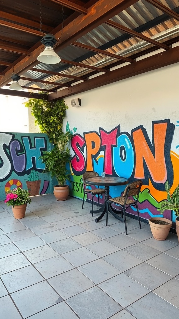 A vibrant patio featuring an artistic wall mural with colorful designs and potted plants.