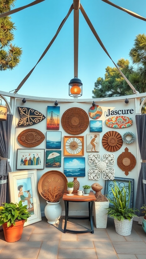 A decorative gazebo wall featuring various artworks, including woven pieces and framed photos, surrounded by plants.