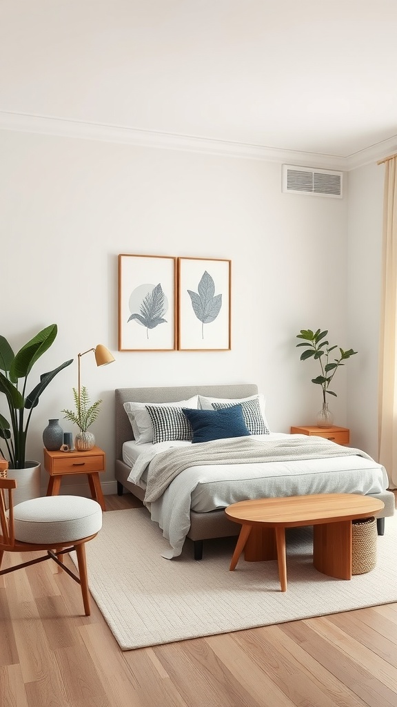 Cozy bedroom with neutral decor, showcasing balanced elements like plants, soft textures, and warm wood tones.