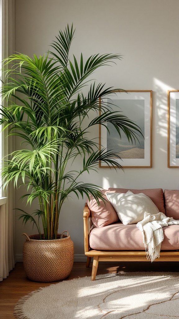 A Bamboo Palm next to a pink couch in a bright living room, enhancing the space's tropical elegance.