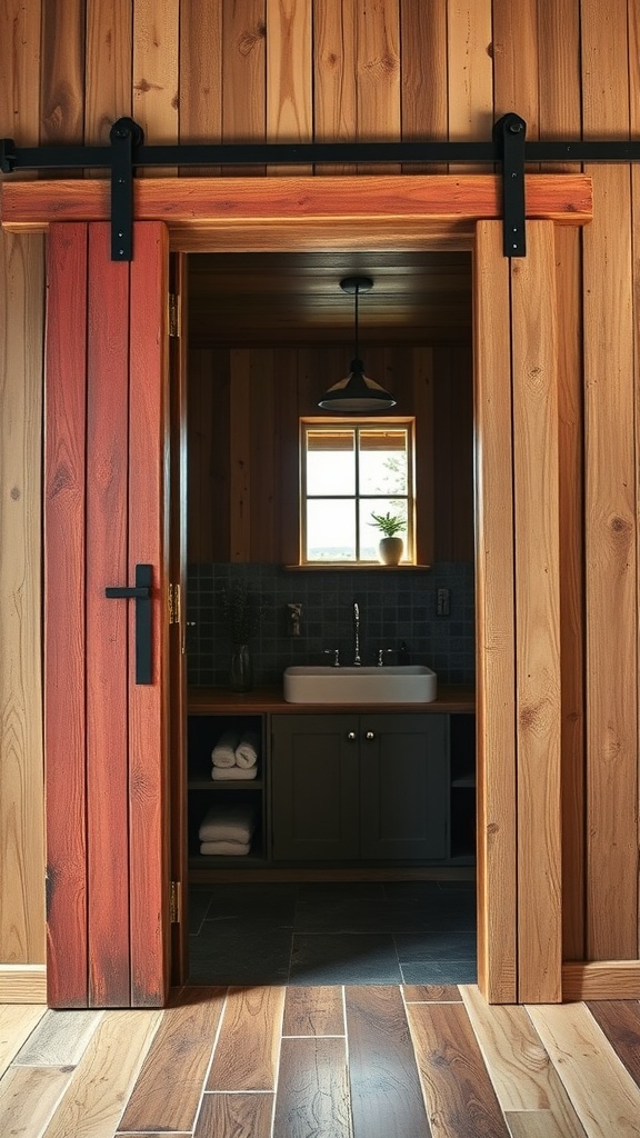 A rustic barn door entrance leading into a wet room with wooden flooring and a window.