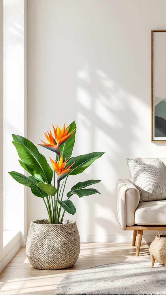 A Bird of Paradise plant with large green leaves and orange flowers in a stylish living room setting.