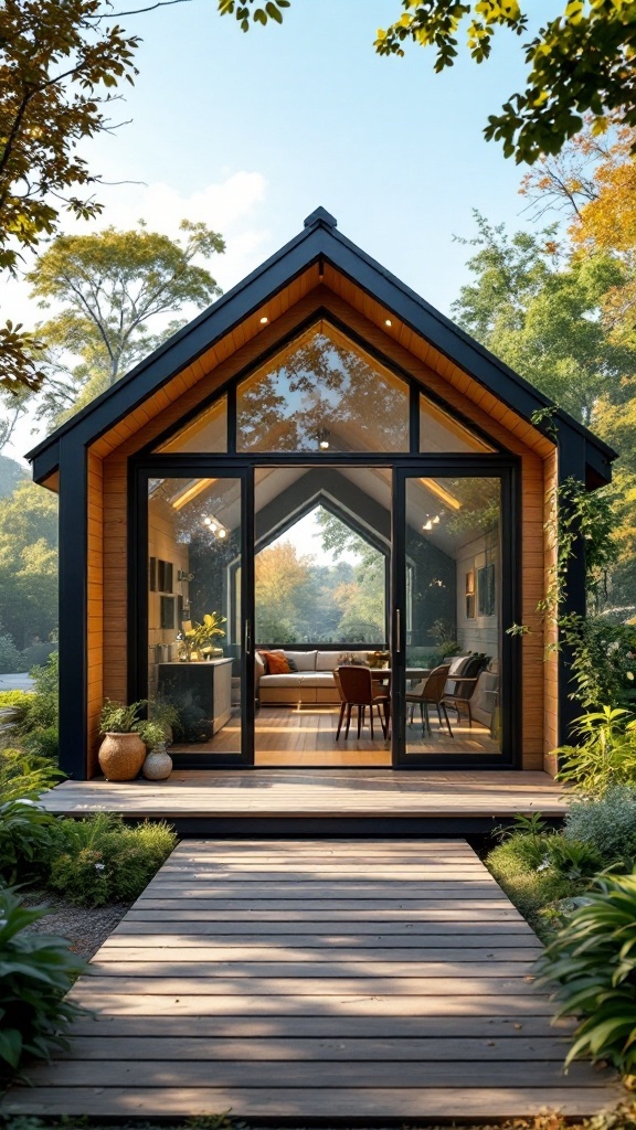 A modern tiny house with large glass doors opening to a lush outdoor space