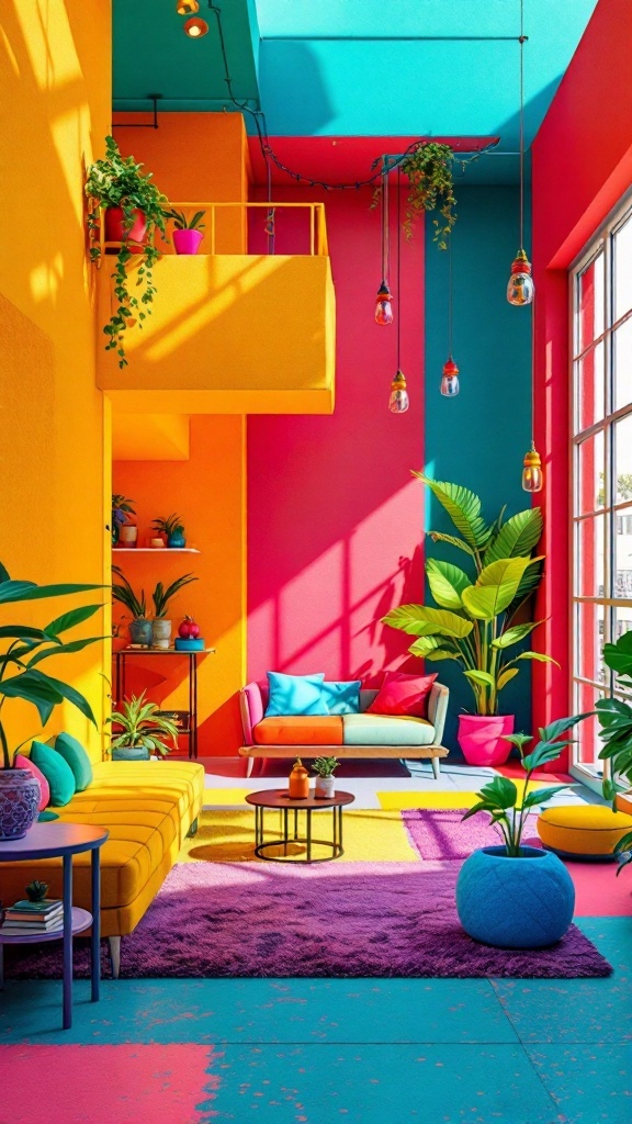 A vibrant living space with bold color blocking in yellow, pink, and turquoise.