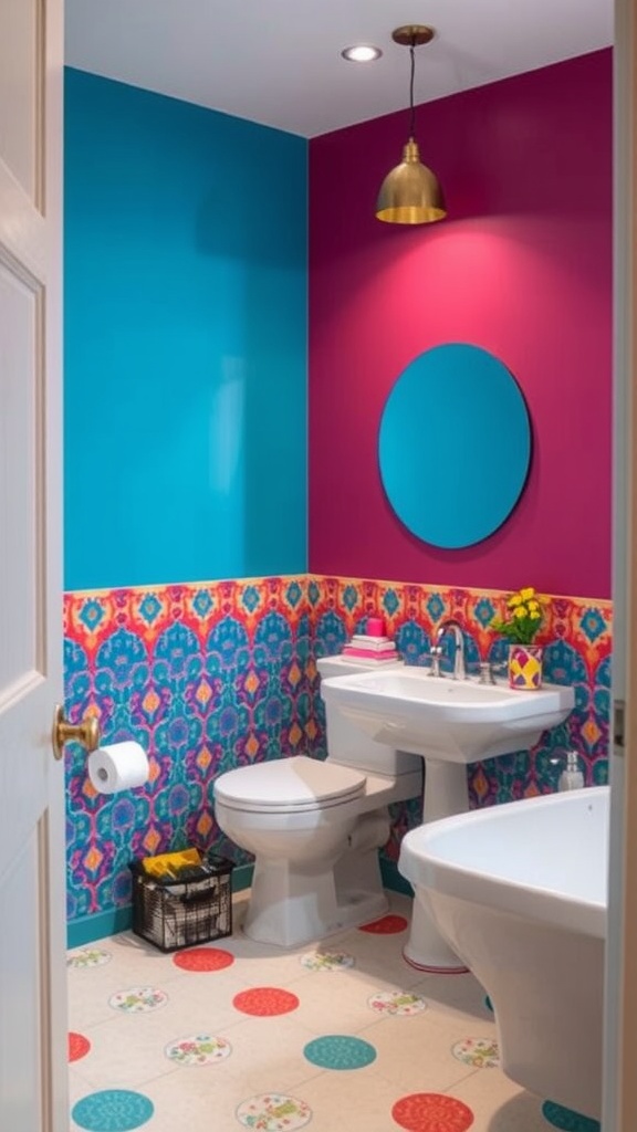 A bathroom with vibrant blue and pink walls, colorful patterned tiles, and stylish fixtures.