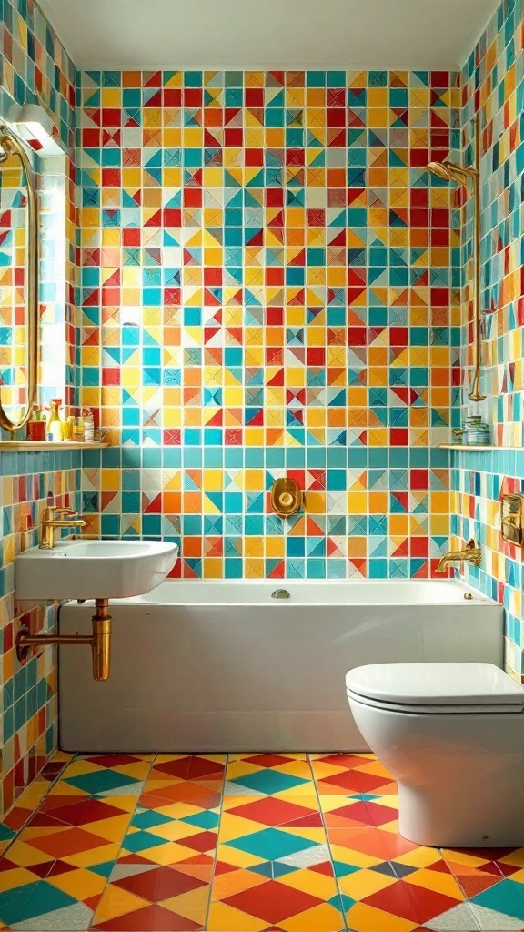 A vibrant 70s-inspired bathroom featuring colorful geometric tiles on the walls and floor.