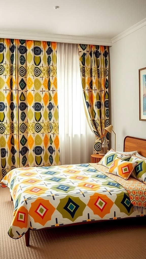 Mid-century bedroom with bold geometric prints on bedding and curtains.