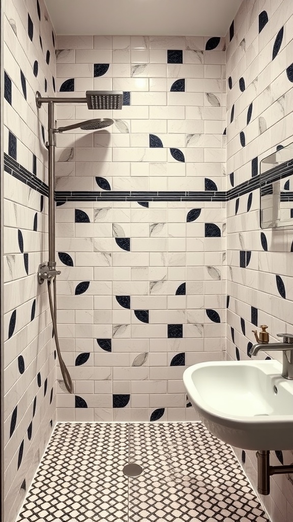 A small bathroom shower featuring bold patterned tiles and a modern sink.