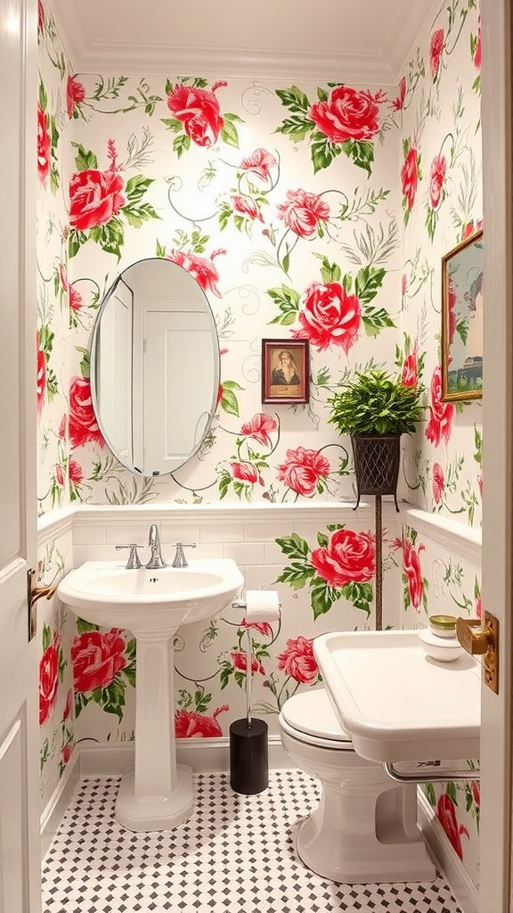 A cozy bathroom featuring bold floral wallpaper with red roses and green leaves.