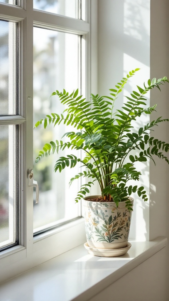 Boston fern in a decorative pot by a window