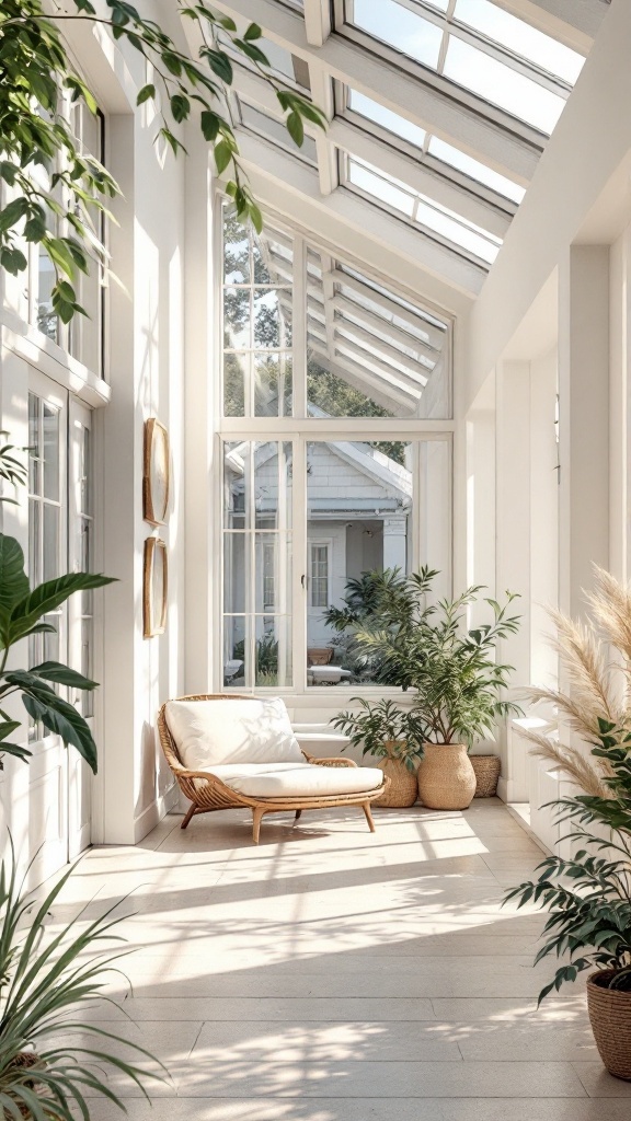 Bright and airy modern cottage interior with large windows and plants.