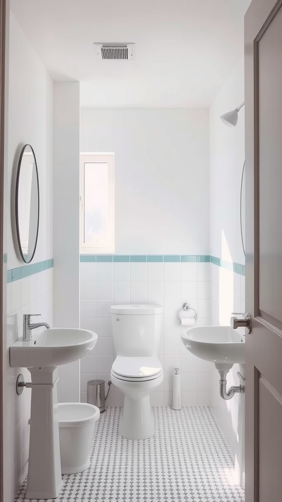 A small, bright bathroom featuring white walls, blue accents, and ample natural light.