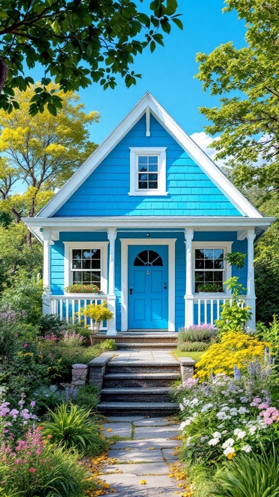 A bright blue cottage with a welcoming porch and a garden full of colorful flowers.