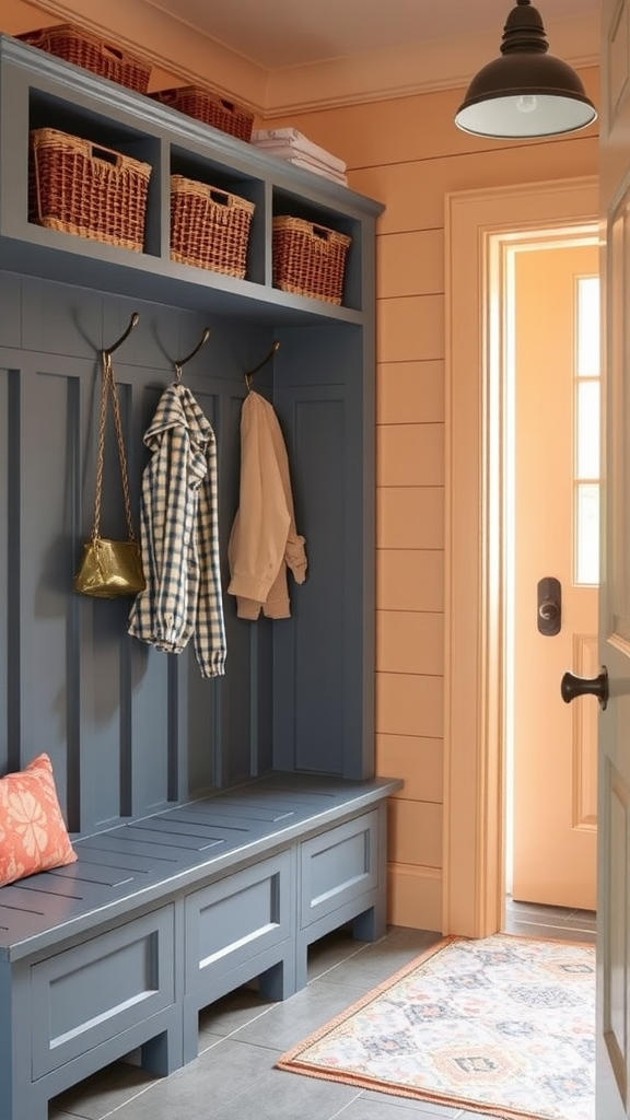 A cozy entryway featuring brightly colored shiplap walls in warm peach and deep blue.