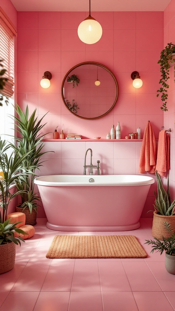 A bubblegum pink bathtub with surrounding pink tiles and plants in a stylish bathroom.