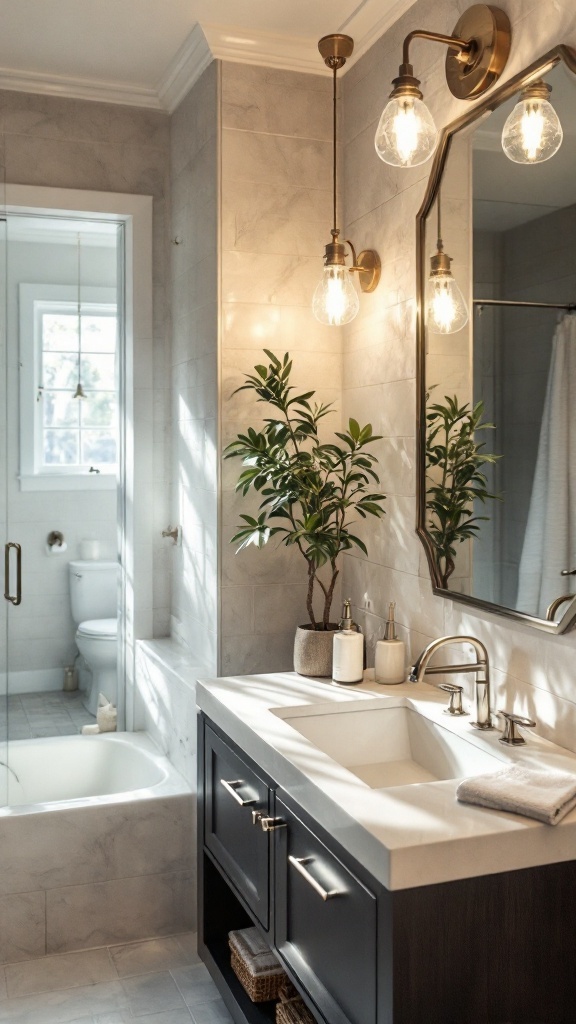 A stylish bathroom featuring modern lighting fixtures with a warm and inviting ambiance.