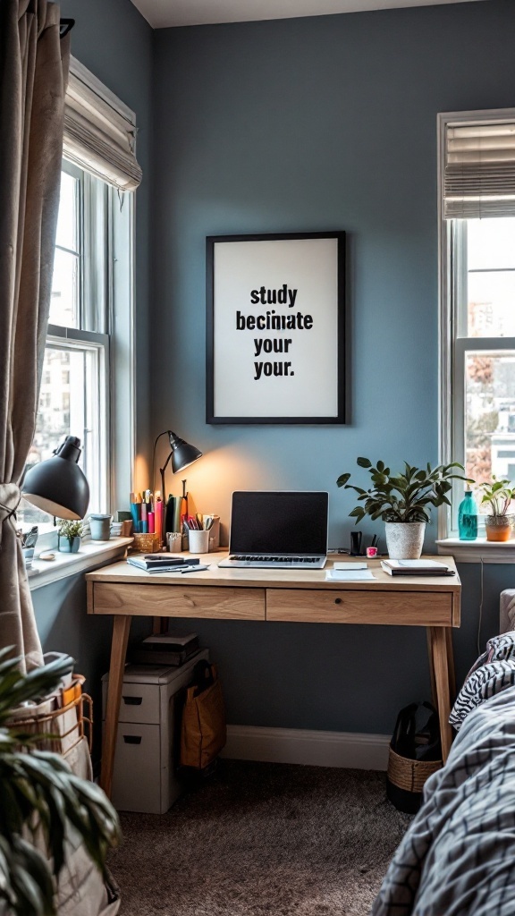 A cozy study corner featuring a wooden desk, laptop, and colorful stationery