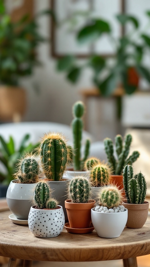 A collection of various cacti in colorful pots arranged on a wooden table, showcasing their unique shapes and textures.