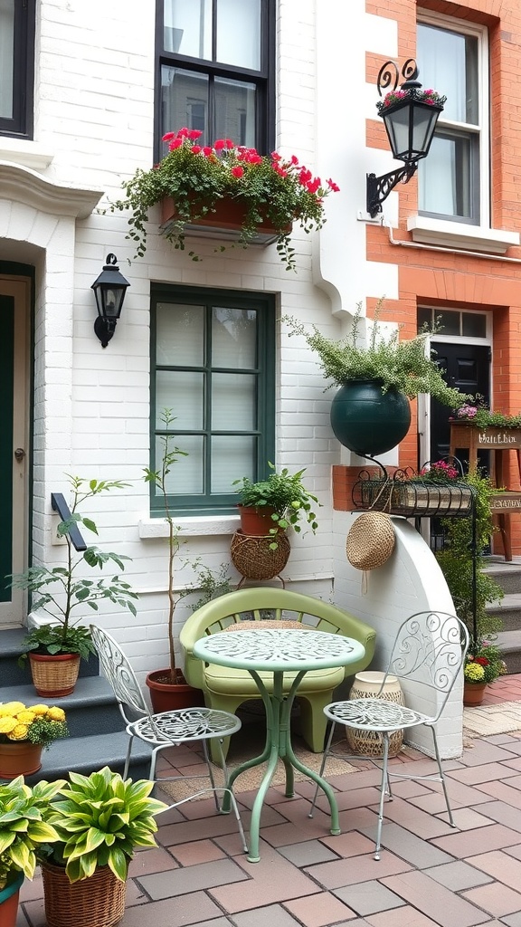 A charming café style bistro set with a round table and two chairs, surrounded by potted plants and flowers.