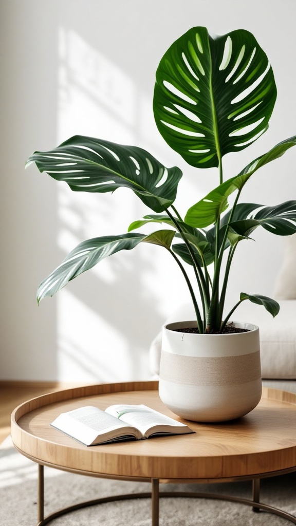 A Calathea plant with striking foliage on a coffee table next to an open book.