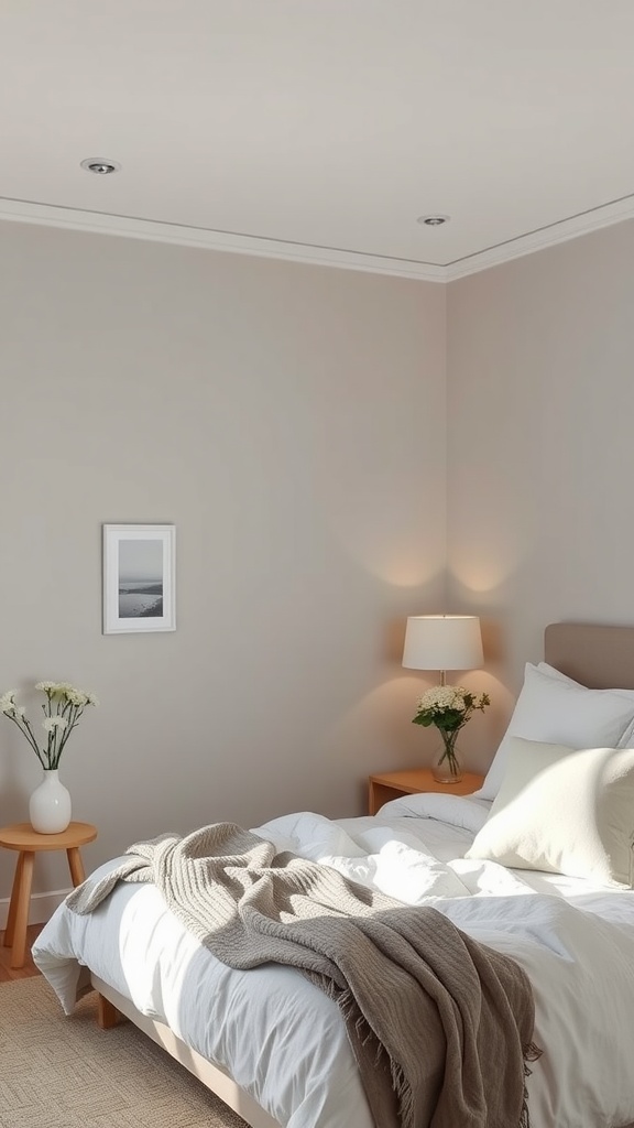 A serene bedroom with neutral colors, a cozy blanket, and soft lighting.