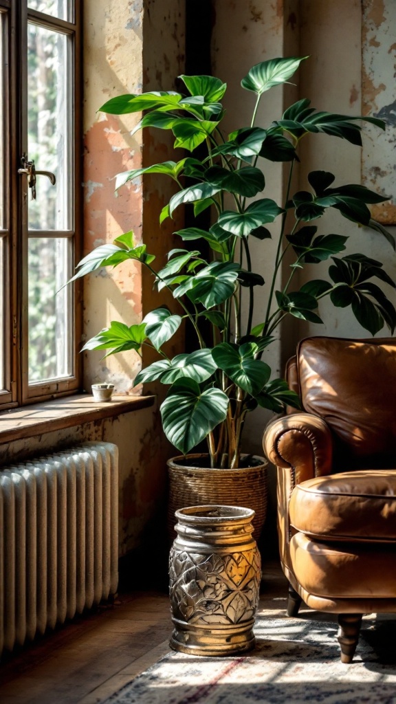 A Cast Iron Plant in a stylish living room with a brown leather chair and vintage decor.