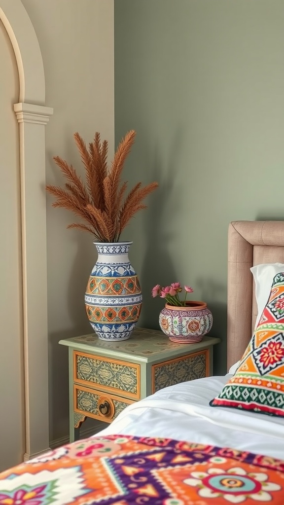 A stylish bohemian bedroom corner featuring ceramic vases and colorful decor.