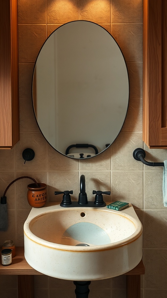 Ceramic sink with earthy tones in a rustic wet room setting.