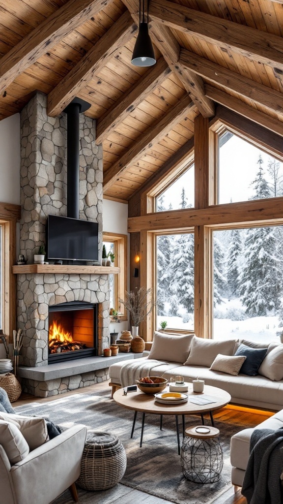 Cozy chalet interior with a fireplace, large windows, and wooden beams