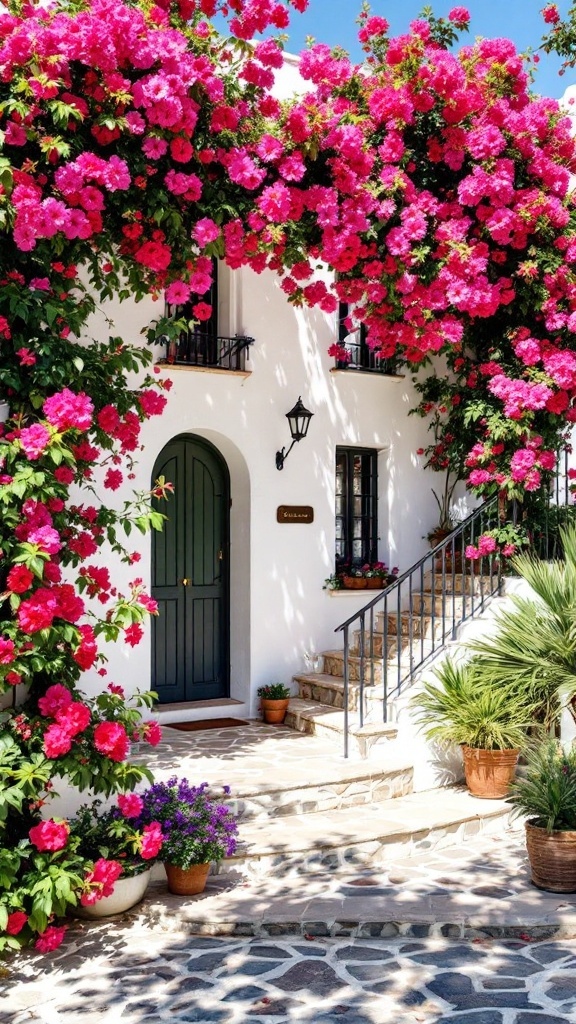 An Andalusian villa featuring whitewashed walls adorned with pink bougainvillea, a green door, and a stone pathway.