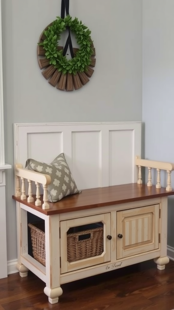 A charming bench with built-in storage, featuring a wooden design, a cushion, and a wreath on the wall.