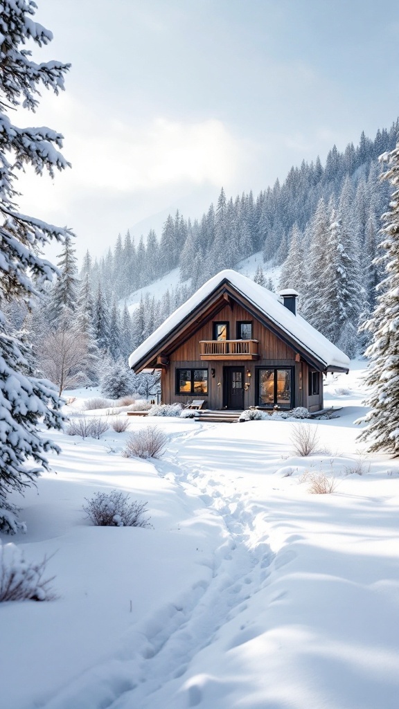 A charming modern chalet house surrounded by snow and tall trees.