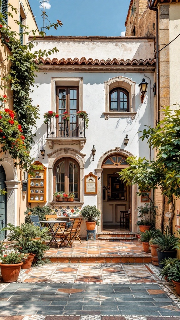 Charming townhouse with colorful tiles and a cozy patio.