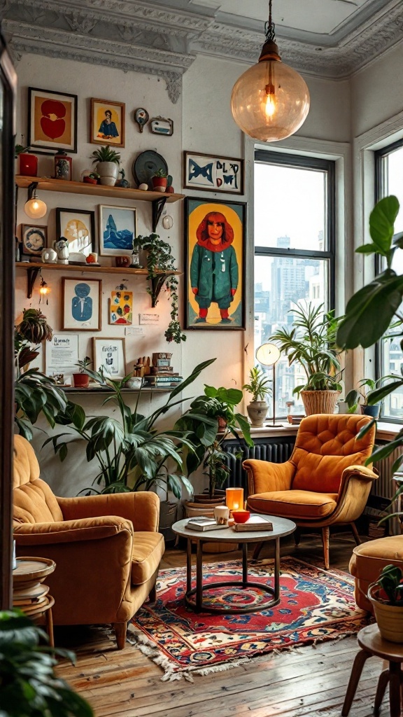 A cozy vintage eclectic living room with yellow chairs, colorful artwork, and plants.