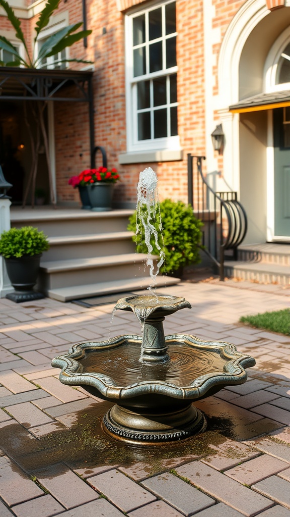 A charming outdoor fountain with water flowing, surrounded by beautiful landscaping.