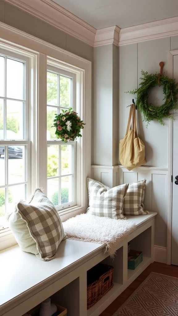 A cozy window seat with comfortable pillows and a view outside.