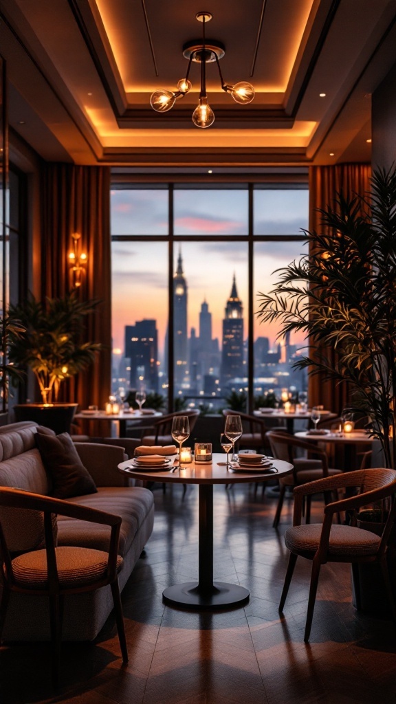 Cozy penthouse dining area with city views and warm lighting