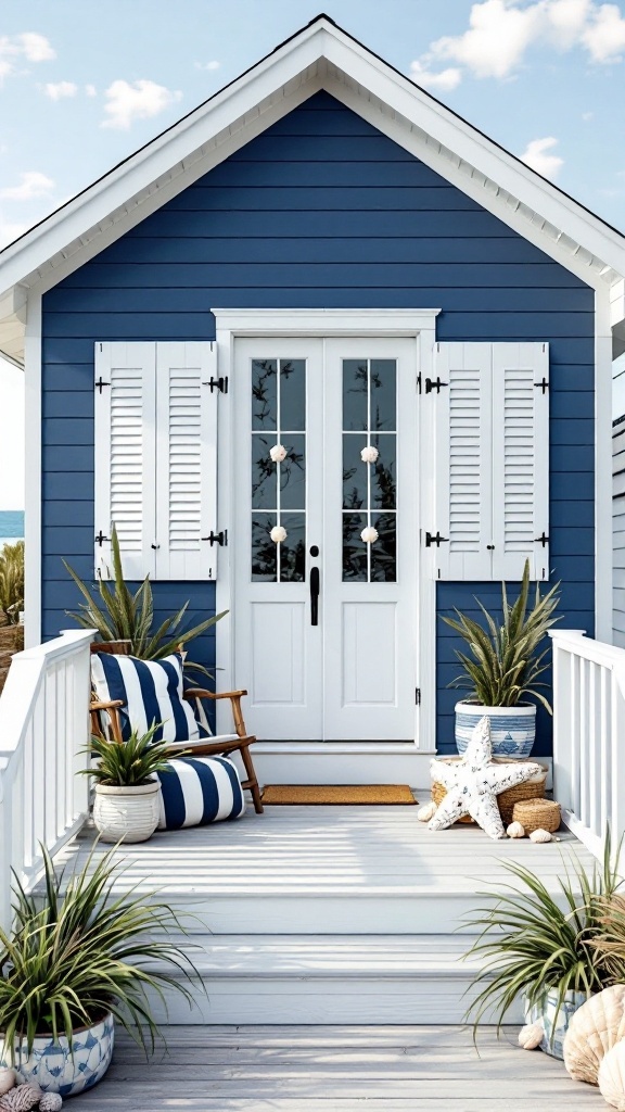 Chic beach house exterior with blue siding and white shutters